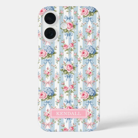 Blauwe en Roze Bloemen en Strikken Gestreept Case-Mate iPhone Case (Achterkant)