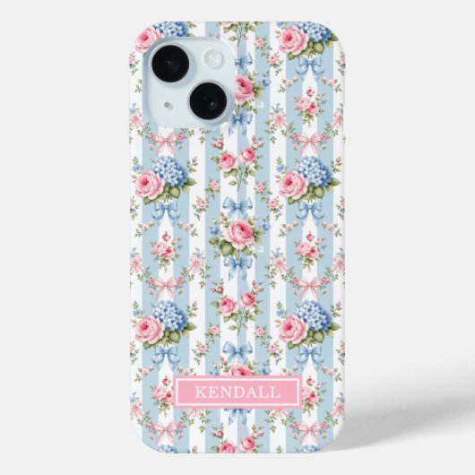Blauwe en Roze Bloemen en Strikken Gestreept Case-Mate iPhone Case (Achterkant)