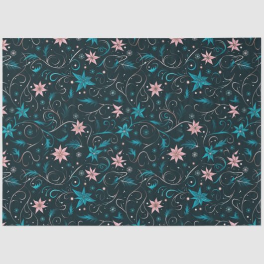 Blauwe en roze bloemen en wijnstokken Kerstmis Tissuepapier (Voorkant)