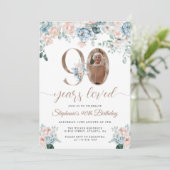 Blauwe en Roze Bloemen Foto 90e Verjaardag Kaart (Staand voorkant)