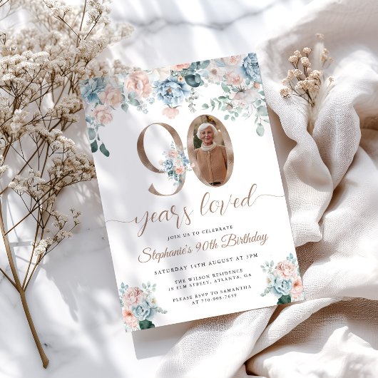 Blauwe en Roze Bloemen Foto 90e Verjaardag Kaart