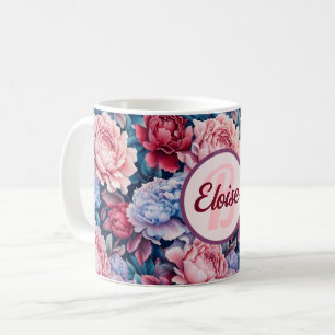 Blauwe en roze bloemen gepersonaliseerd koffiemok