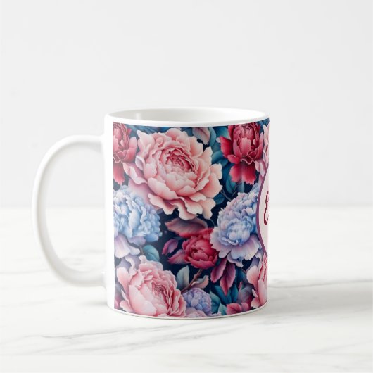 Blauwe en roze bloemen gepersonaliseerd koffiemok (Links)