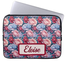 Blauwe en roze bloemen gepersonaliseerd laptop sleeve