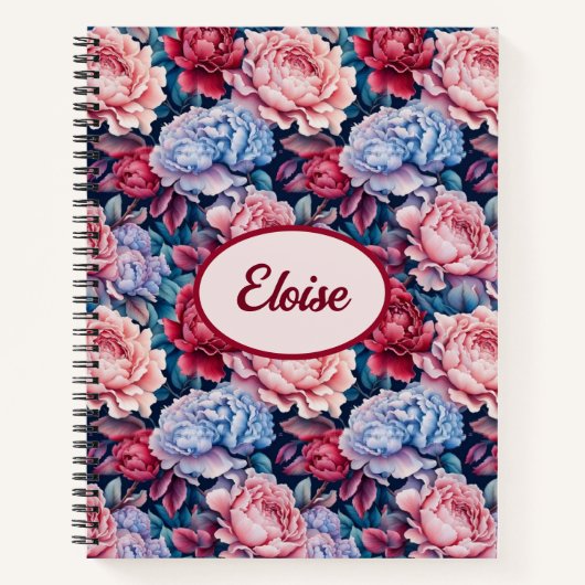 Blauwe en roze bloemen gepersonaliseerd notitieboek (Voorkant)