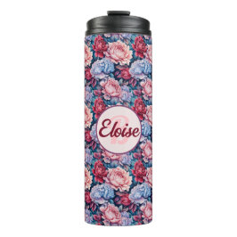 Blauwe en roze bloemen gepersonaliseerd thermosbeker