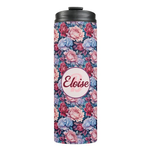 Blauwe en roze bloemen gepersonaliseerd thermosbeker (Voorkant)
