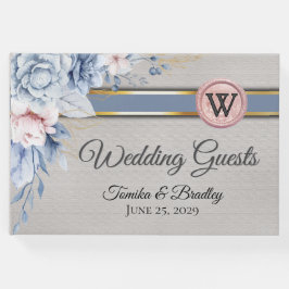 Blauwe en roze bloemen op grijze bruiloft gastenboek