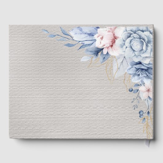 Blauwe en roze bloemen op grijze bruiloft gastenboek (Achterkant)