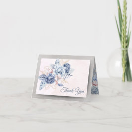 Blauwe en Roze Bloemen op Roze & Grijze Bruiloft Bedankkaart