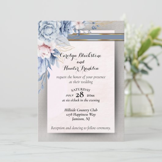 Blauwe en Roze Bloemen op Roze & Grijze Bruiloft Kaart (Staand voorkant)