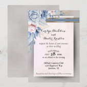 Blauwe en Roze Bloemen op Roze & Grijze Bruiloft Kaart (Voorkant / Achterkant)