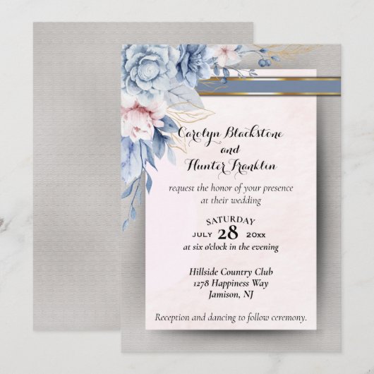Blauwe en Roze Bloemen op Roze & Grijze Bruiloft Kaart (Voorkant / Achterkant)