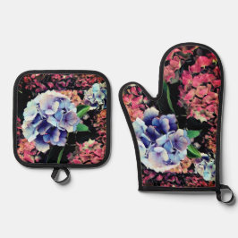 Blauwe en roze bloemen ovenwant & pannenlap set