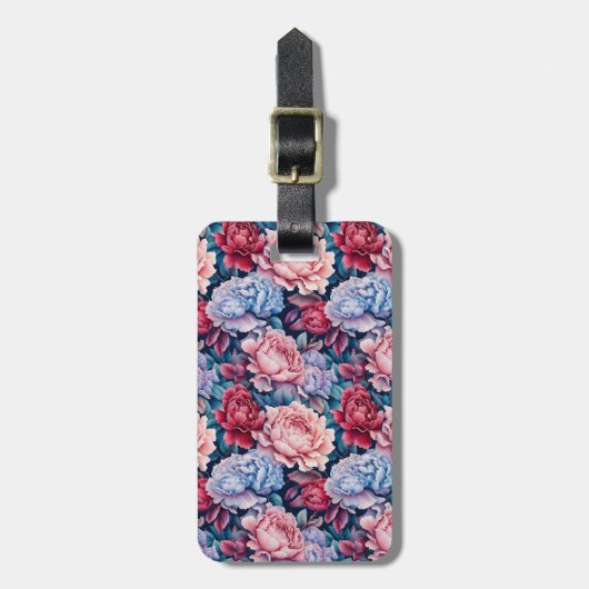 Blauwe en roze bloemen roze rug bagagelabel (Voorkant verticaal)