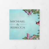 Blauwe en roze bloemen vlinder foto bruiloft drieluik uitnodiging (Cover)