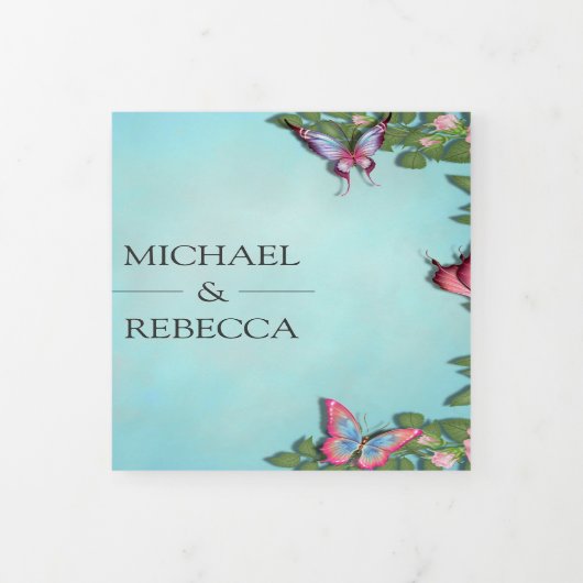 Blauwe en roze bloemen vlinder foto bruiloft drieluik uitnodiging (Cover)