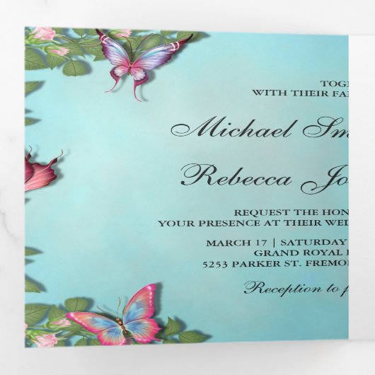 Blauwe en roze bloemen vlinder foto bruiloft drieluik uitnodiging (Binnenzijde eerst)