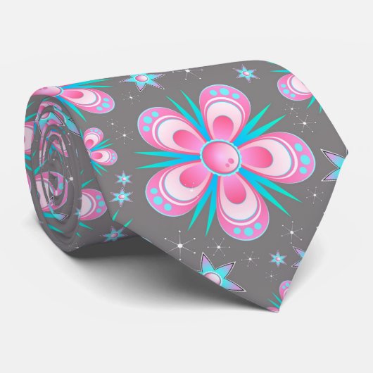 Blauwe en roze bloemen witte Sparks Stropdas (Opgerold)