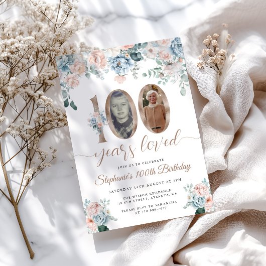 Blauwe en roze bloemenfoto 100e verjaardag kaart