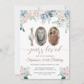 Blauwe en roze bloemenfoto 100e verjaardag kaart (Voorkant)