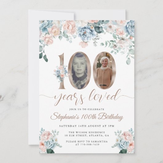 Blauwe en roze bloemenfoto 100e verjaardag kaart (Voorkant)