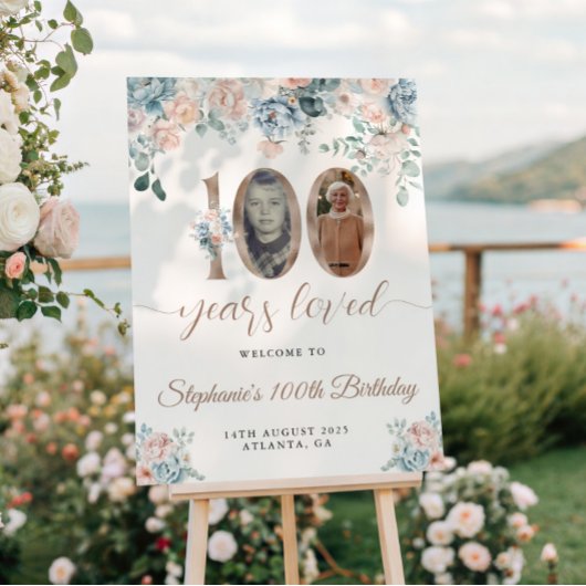 Blauwe en roze bloemenfoto 100e verjaardag Welkom Perfect Poster