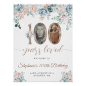 Blauwe en roze bloemenfoto 100e verjaardag Welkom Perfect Poster (Voorkant)