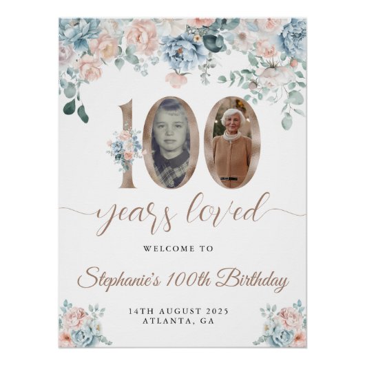 Blauwe en roze bloemenfoto 100e verjaardag Welkom Perfect Poster (Voorkant)