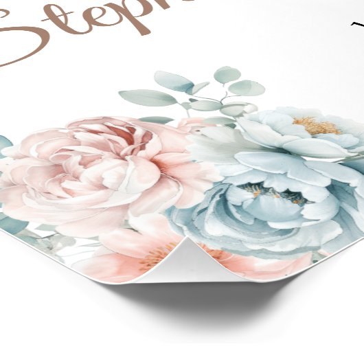 Blauwe en roze bloemenfoto 100e verjaardag Welkom Perfect Poster (Hoek)