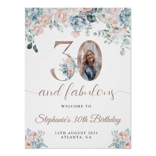 Blauwe en roze bloemenfoto 30e verjaardag Welkom Perfect Poster (Voorkant)