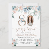 Blauwe en roze bloemenfoto 80e verjaardag kaart (Voorkant)