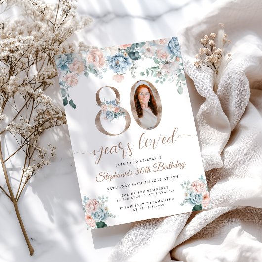 Blauwe en roze bloemenfoto 80e verjaardag kaart