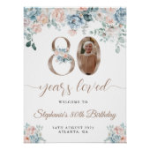 Blauwe en roze bloemenfoto 80e verjaardag Welkom Perfect Poster (Voorkant)