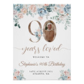 Blauwe en roze bloemenfoto 90e verjaardag Welkom Perfect Poster (Voorkant)