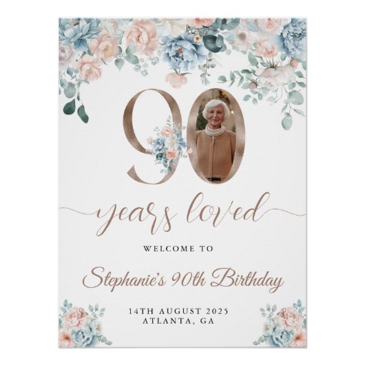 Blauwe en roze bloemenfoto 90e verjaardag Welkom Perfect Poster (Voorkant)