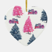 Blauwe en roze bomen en cadeaus keramisch ornament (Voorkant)
