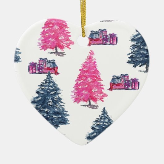 Blauwe en roze bomen en cadeaus keramisch ornament (Voorkant)