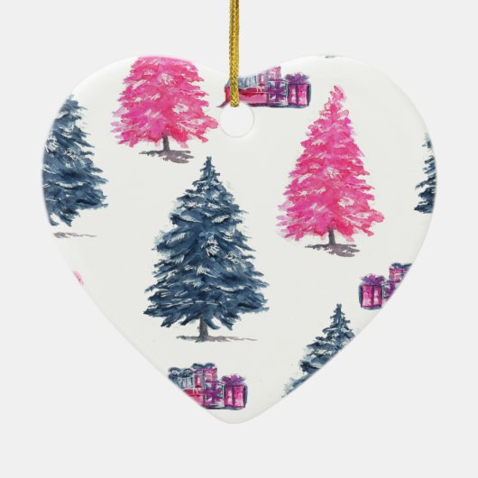 Blauwe en roze bomen en cadeaus keramisch ornament (Achterkant)