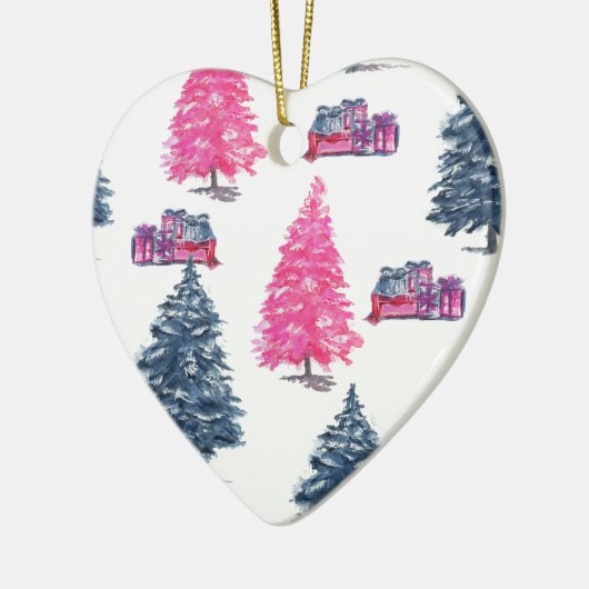 Blauwe en roze bomen en cadeaus keramisch ornament (Links)