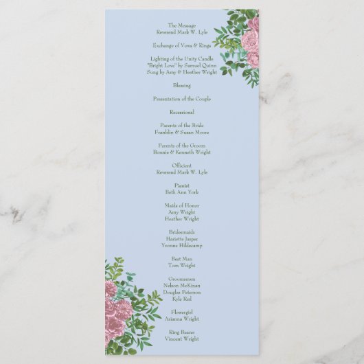 Blauwe en roze bruiloft pastel Floral Spring Menu (Achterkant)