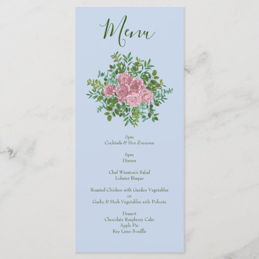 Blauwe en roze bruiloft pastel Floral Spring Menu (Voorkant)