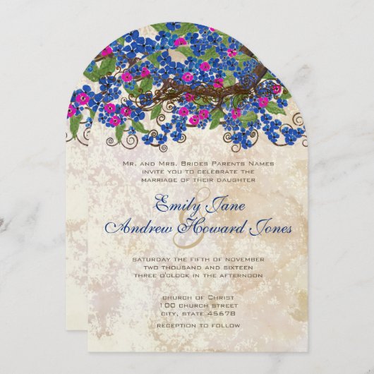 Blauwe en roze Cherry Blossom Tea Stain-uitnodigin Kaart (Voorkant / Achterkant)