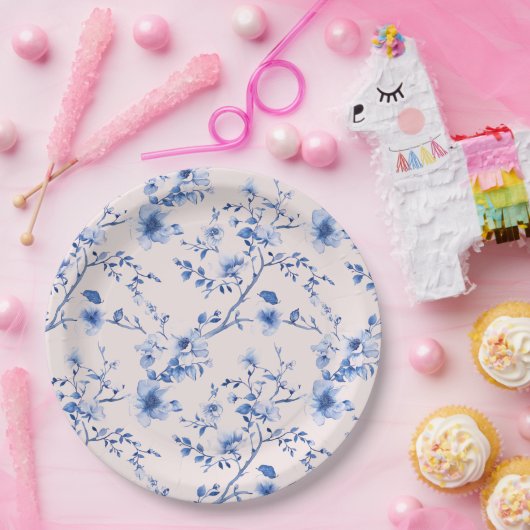 Blauwe en roze Chinoiserie Bloemen Papieren Bordje (Feest)