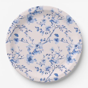 Blauwe en roze Chinoiserie Bloemen Papieren Bordje