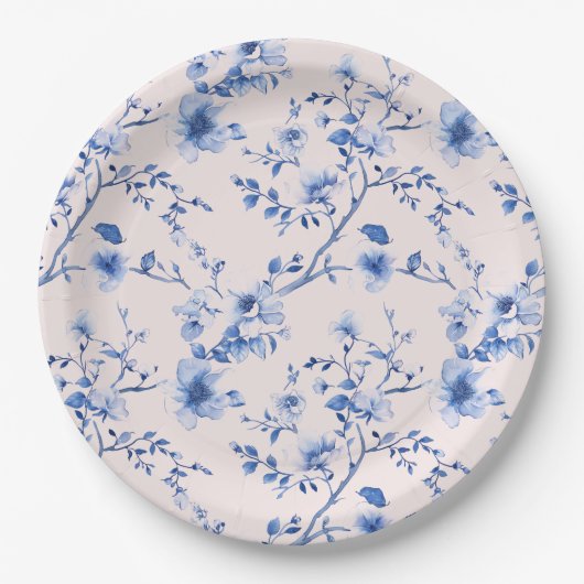 Blauwe en roze Chinoiserie Bloemen Papieren Bordje (Voorkant)