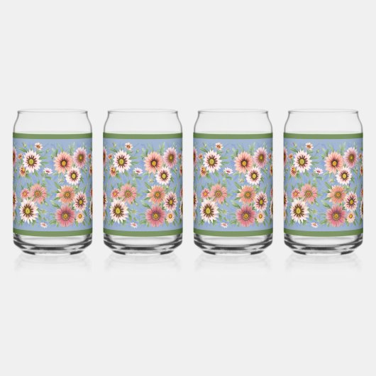 Blauwe en Roze Daisies Bloemen Botanische Kunst Blikvorm Glas (Links)