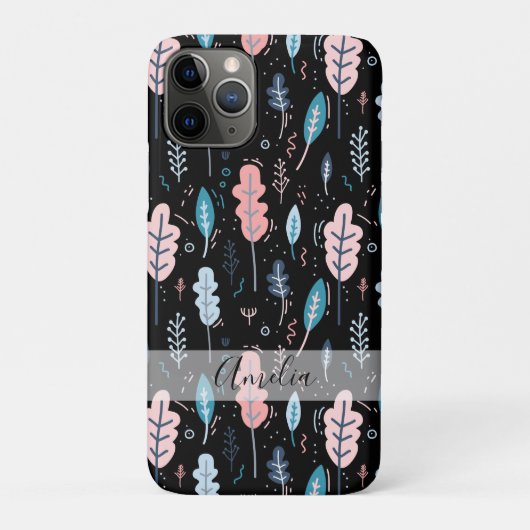 Blauwe en roze Doodle bladeren gepersonaliseerd Case-Mate iPhone Case (Achterkant)