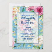 Blauwe en roze Floral Birthday Party Kaart (Voorkant)