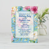 Blauwe en roze Floral Birthday Party Kaart (Staand voorkant)